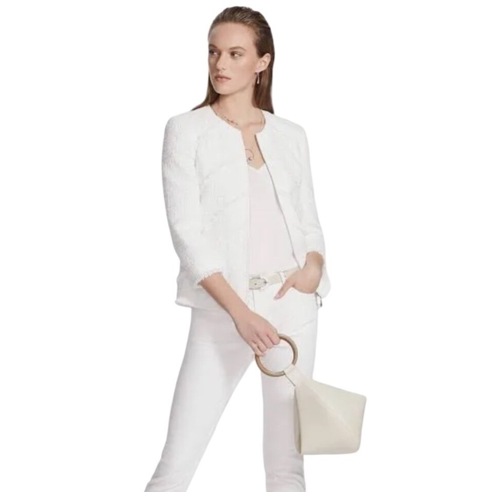 Lafayette 148 New York Harlow Tweed Jacket White Fringe Zip Size 12 - Picture 2 of 12
